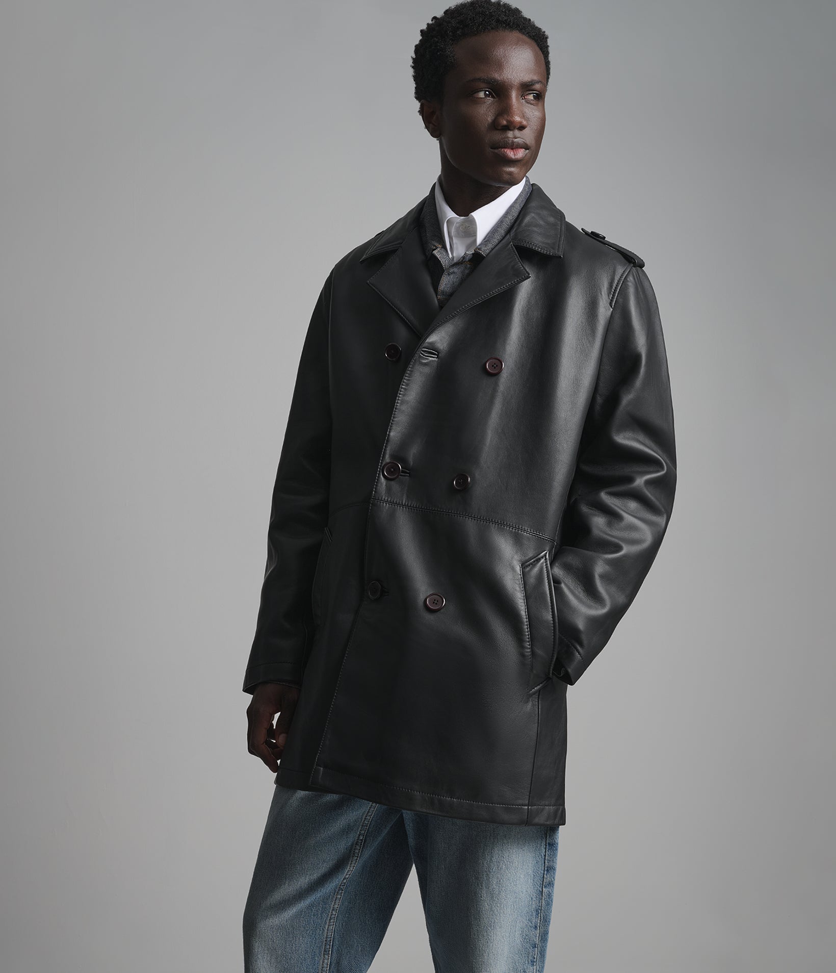 Otto Double-Breasted Short Leather Car Coat