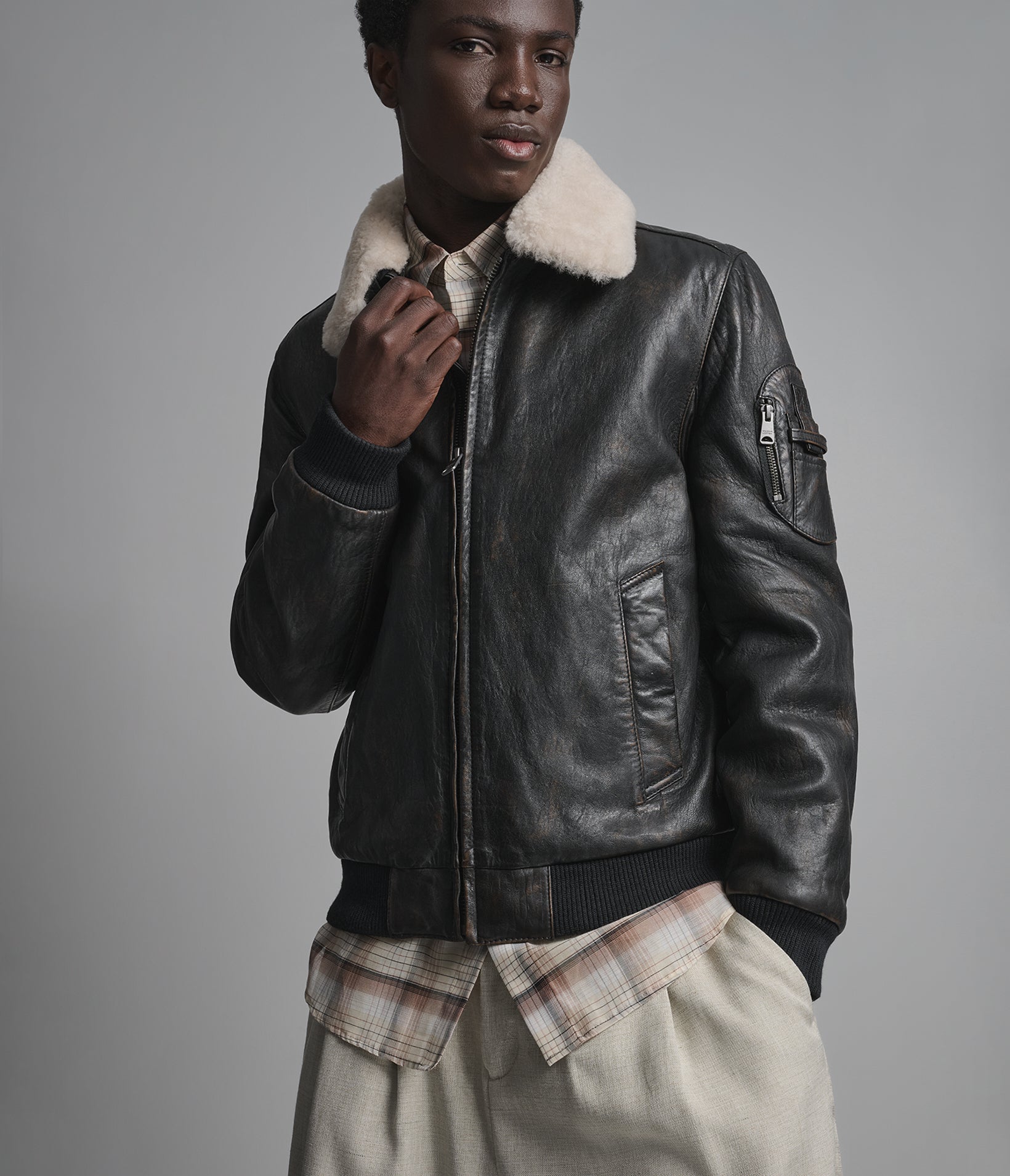 Jimmy Leather Aviator Bomber Jacket With Shearling Collar