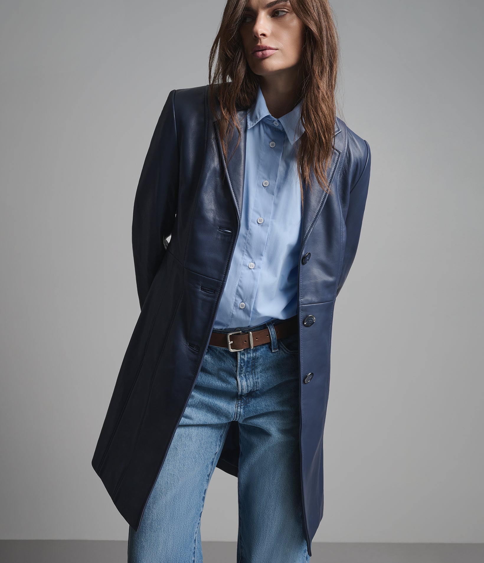 Nora Button Down Leather Trench Coat