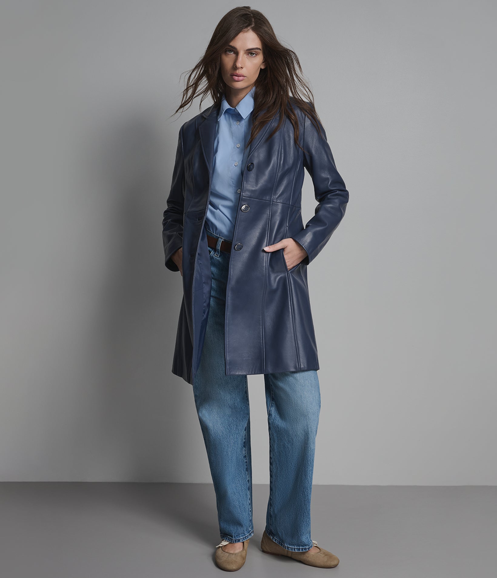Nora Button Down Leather Trench Coat