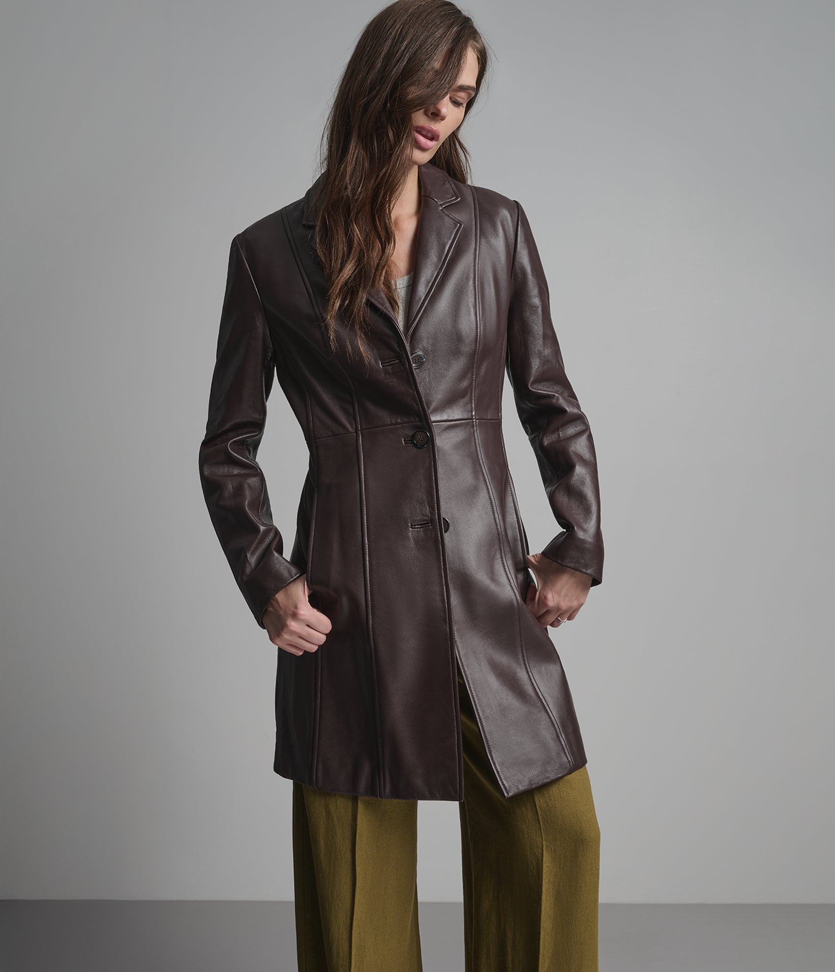 Nora Button Down Leather Trench Coat