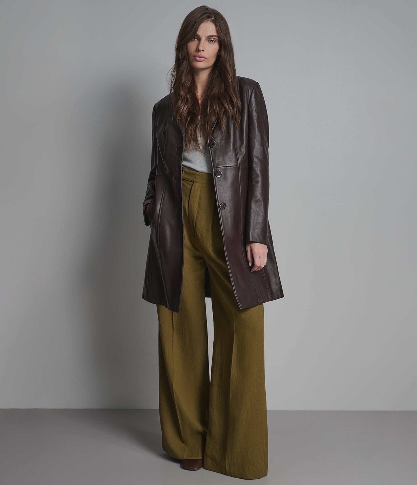 Nora Button Down Leather Trench Coat