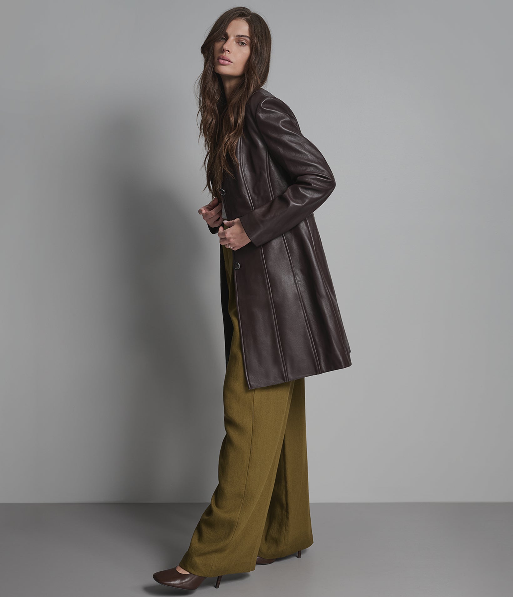 Nora Button Down Leather Trench Coat