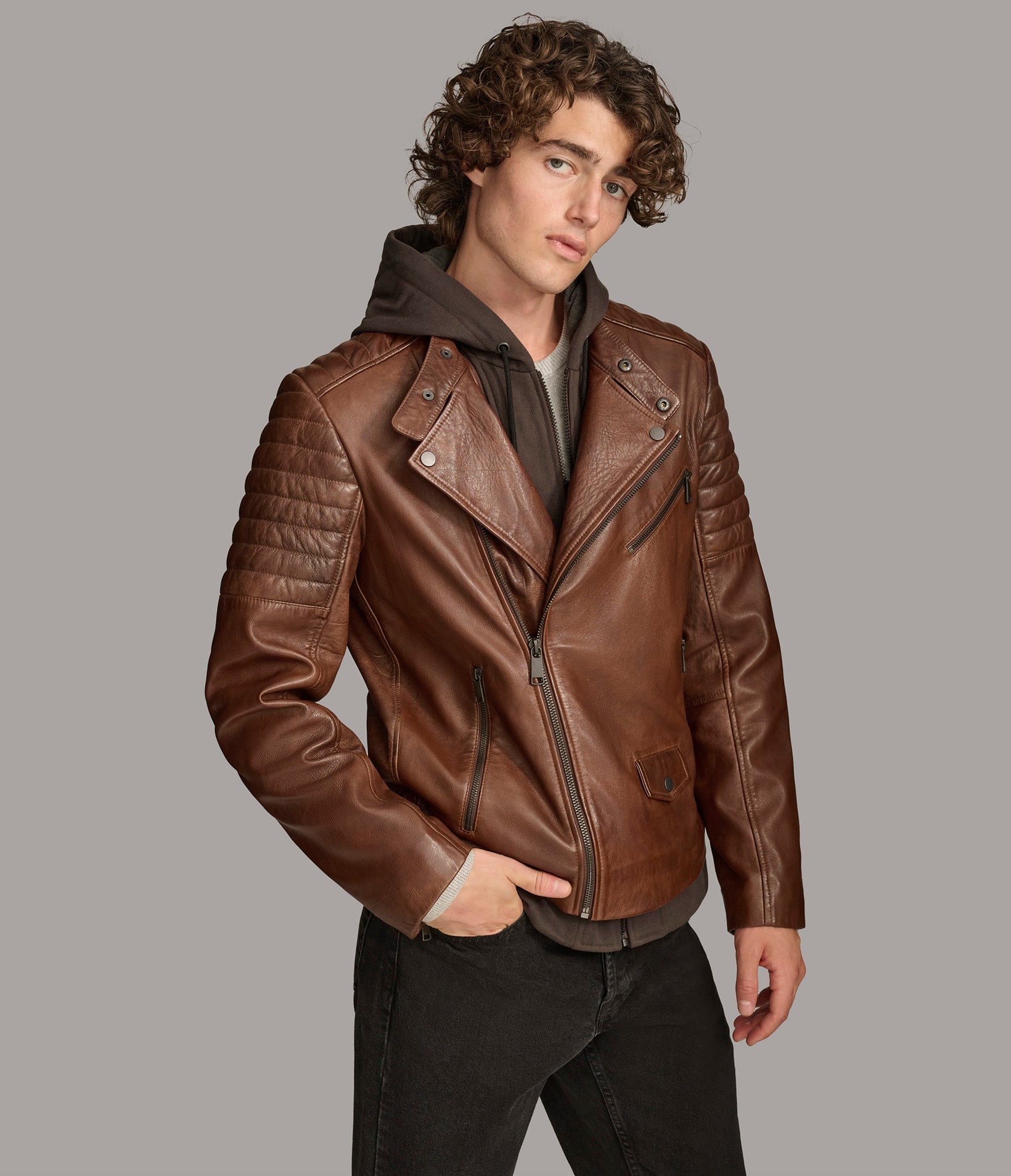 Andres Leather Moto Jacket With Zip Off Hood