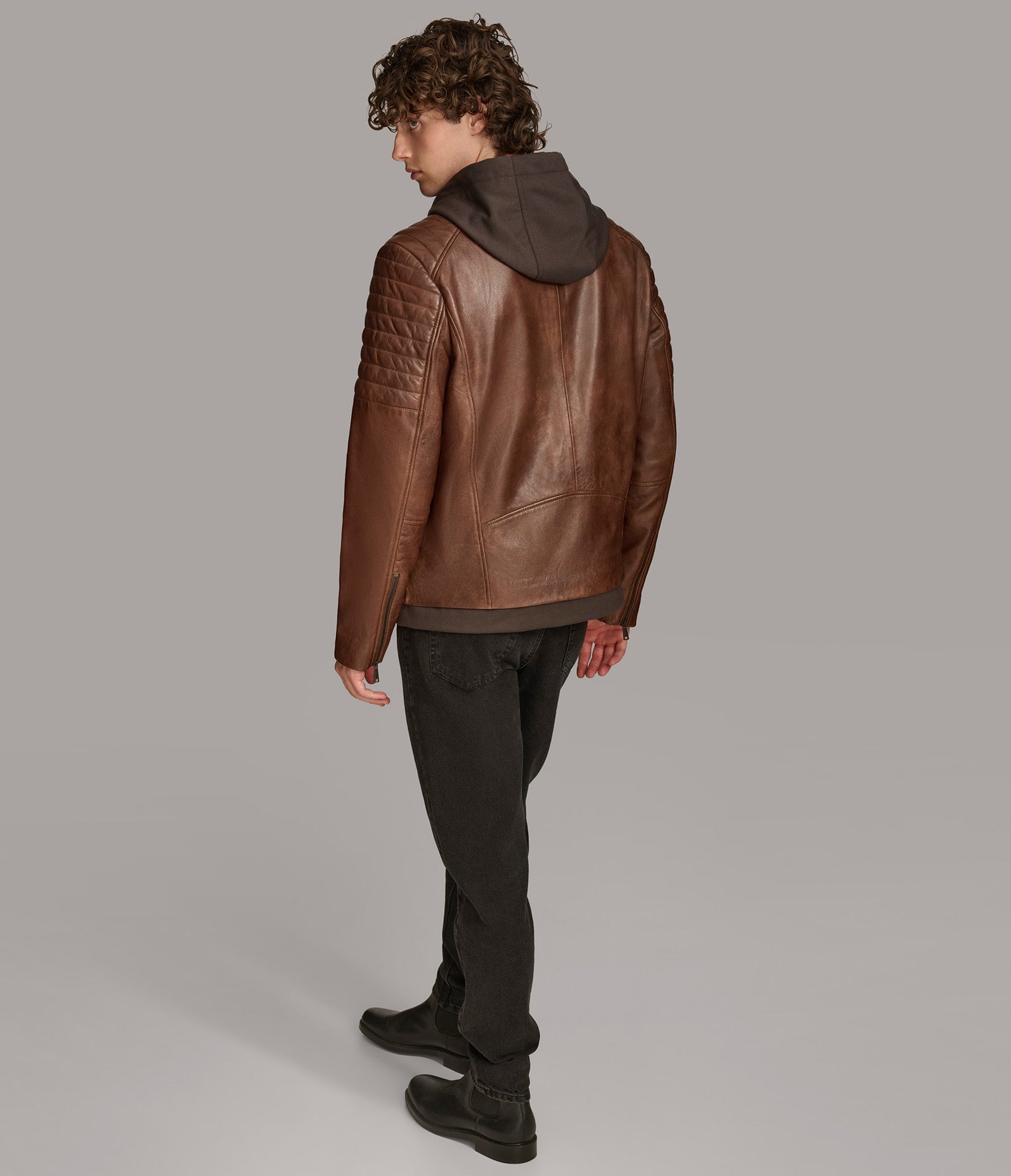 Andres Leather Moto Jacket With Zip Off Hood