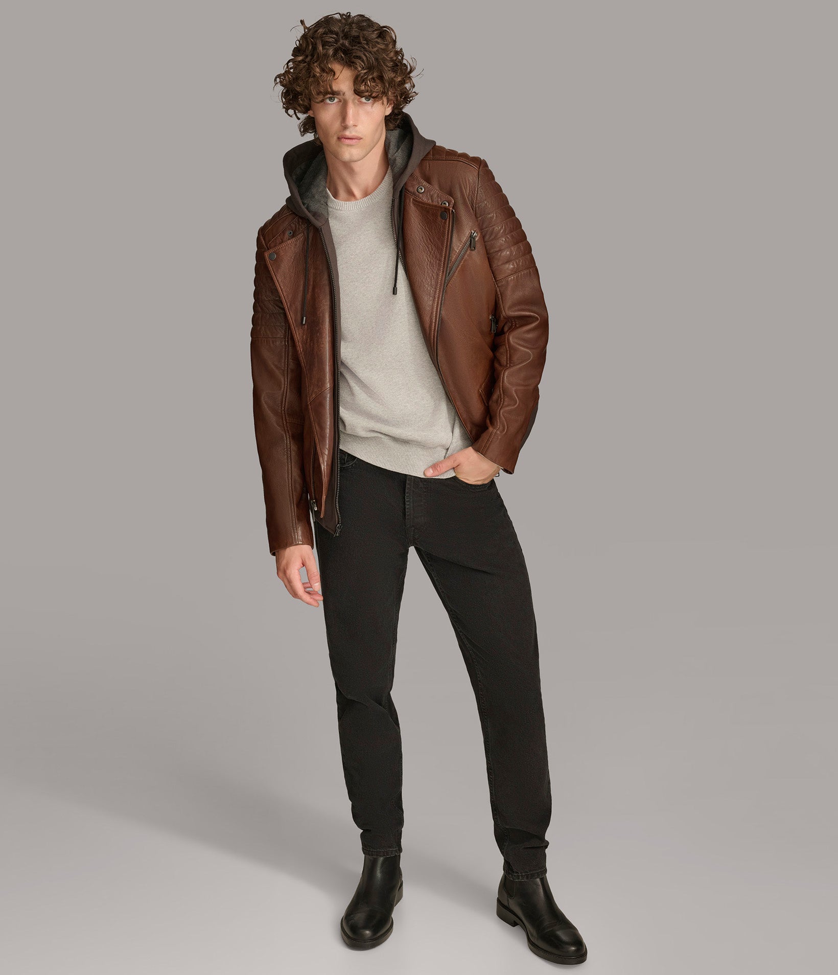 Andres Leather Moto Jacket With Zip Off Hood