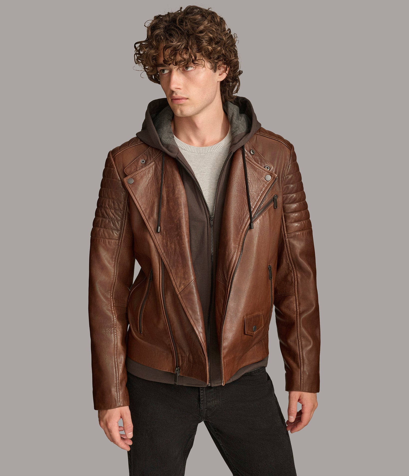 Andres Leather Moto Jacket With Zip Off Hood