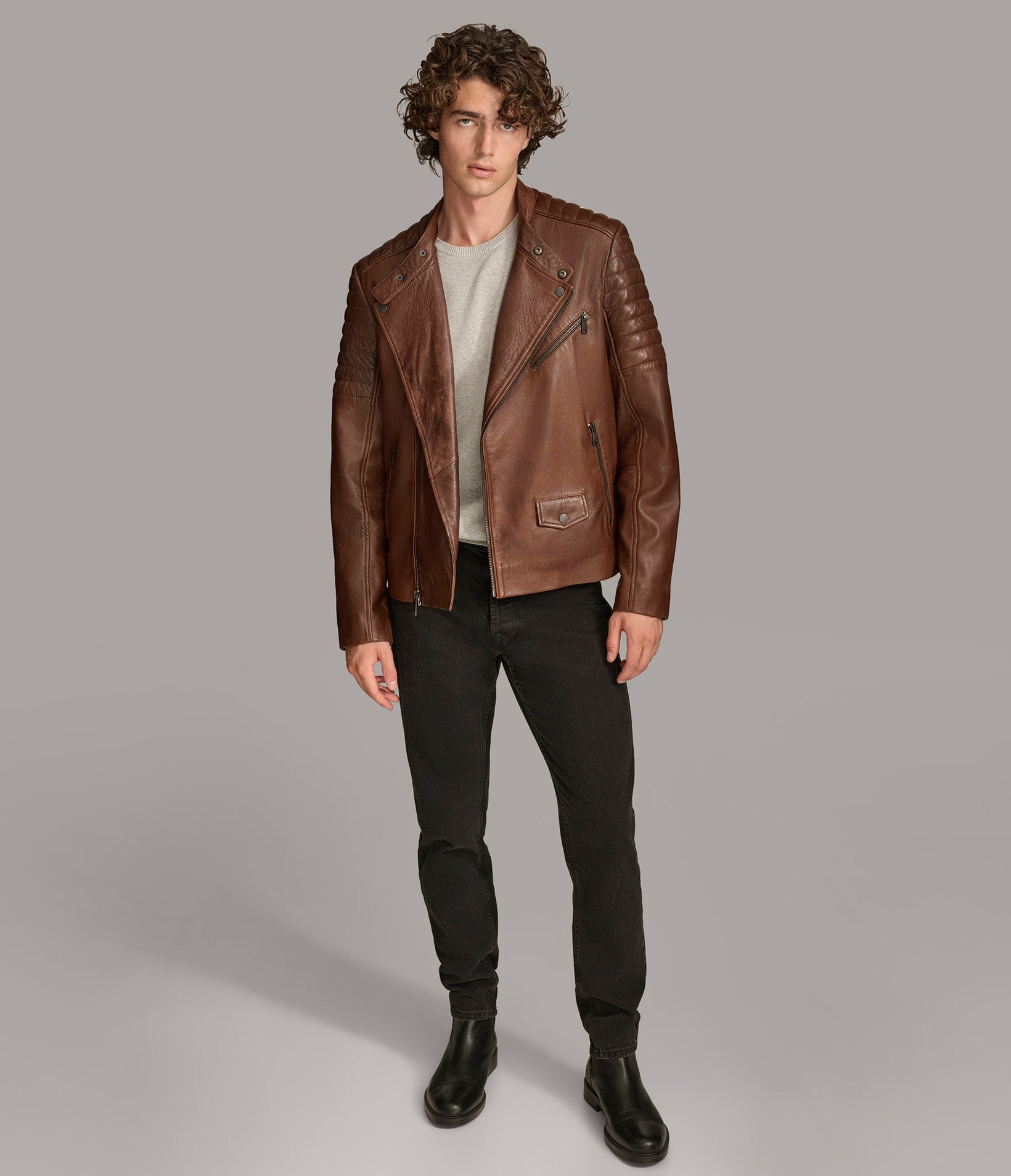Andres Leather Moto Jacket With Zip Off Hood