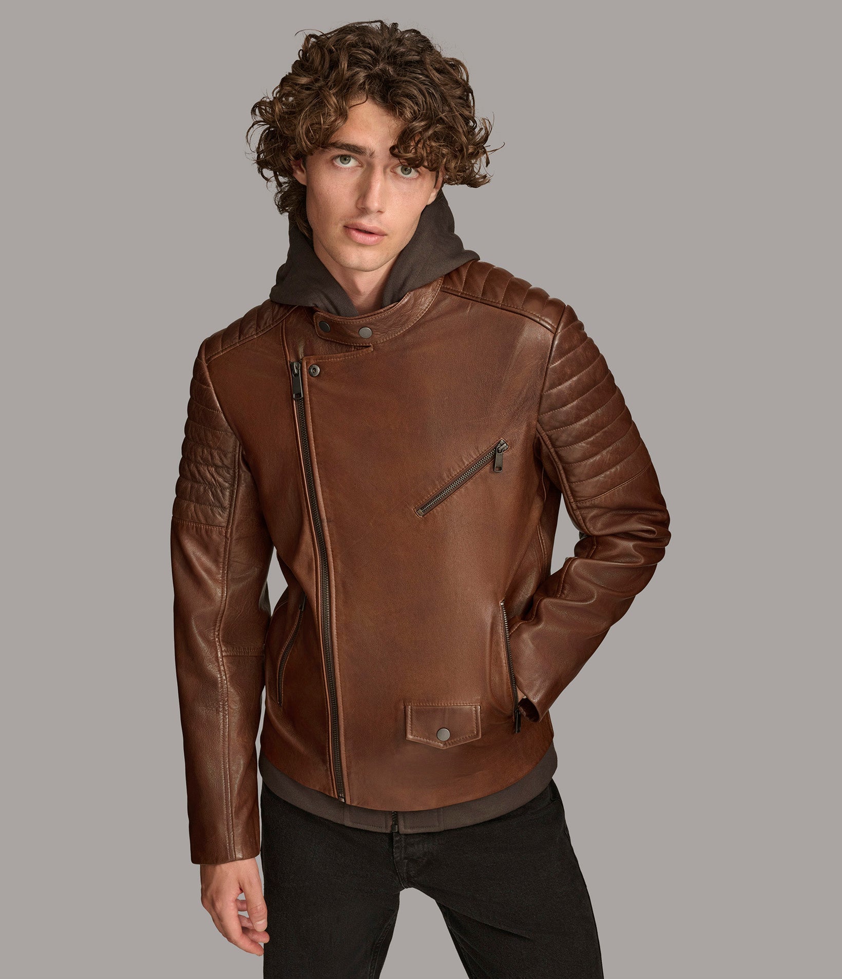 Andres Leather Moto Jacket With Zip Off Hood
