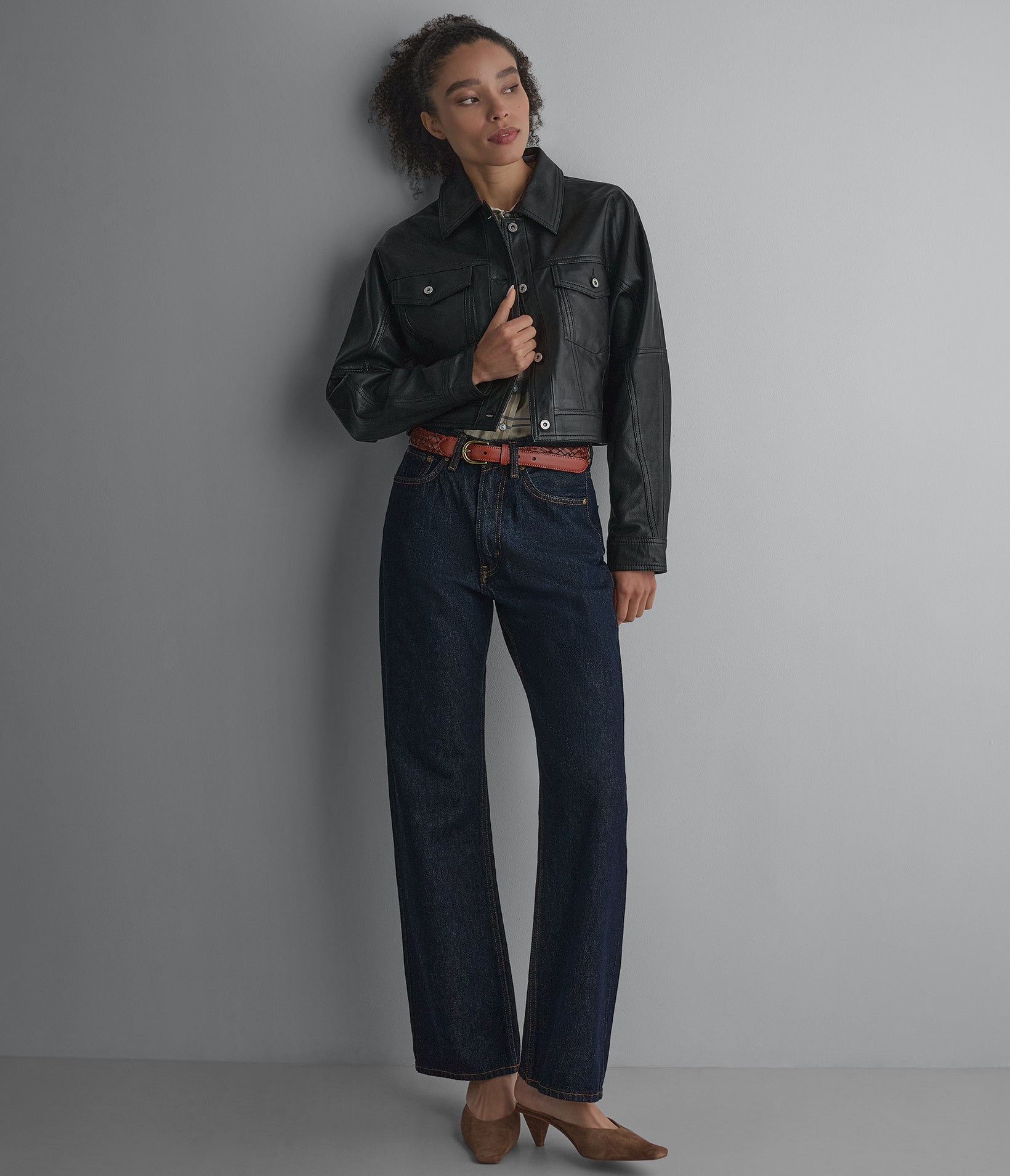 Jamie Dropped Shoulder Leather Trucker Jacket