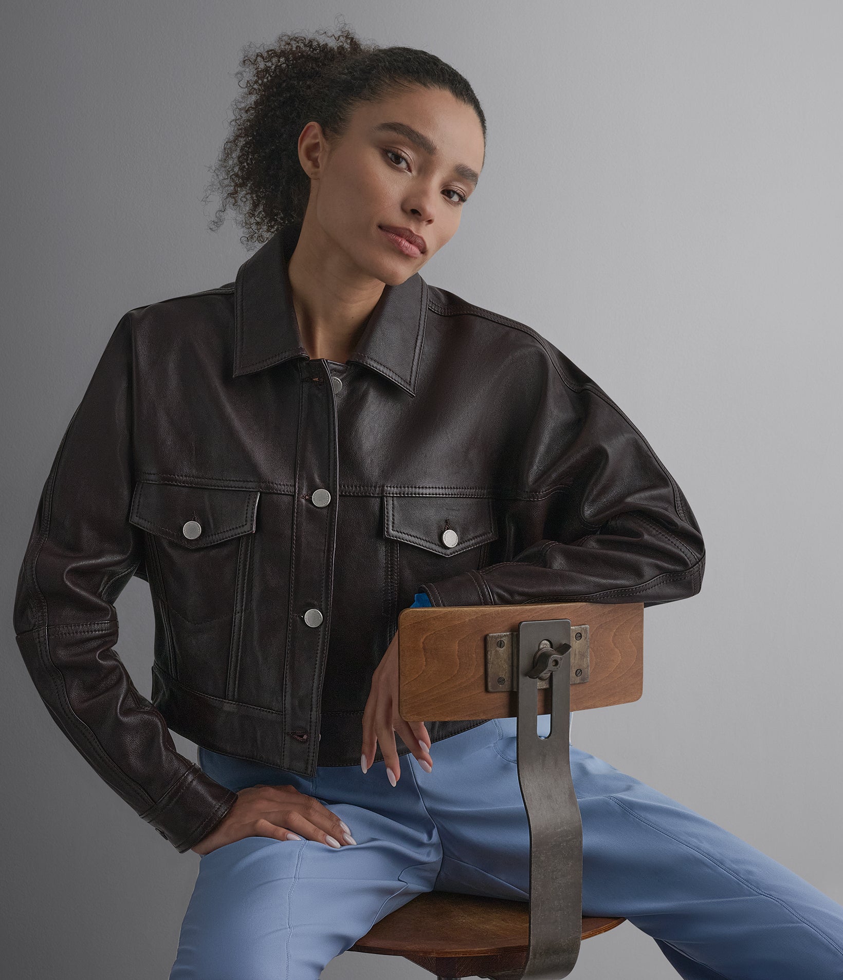 Jamie Dropped Shoulder Leather Trucker Jacket