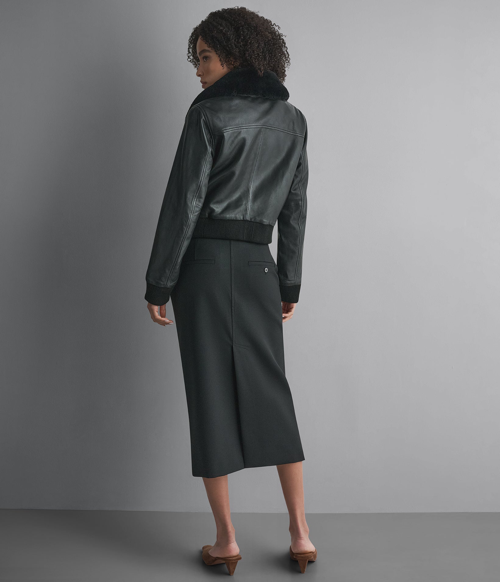Avery Shearling Collar Leather Cropped Bomber Jacket