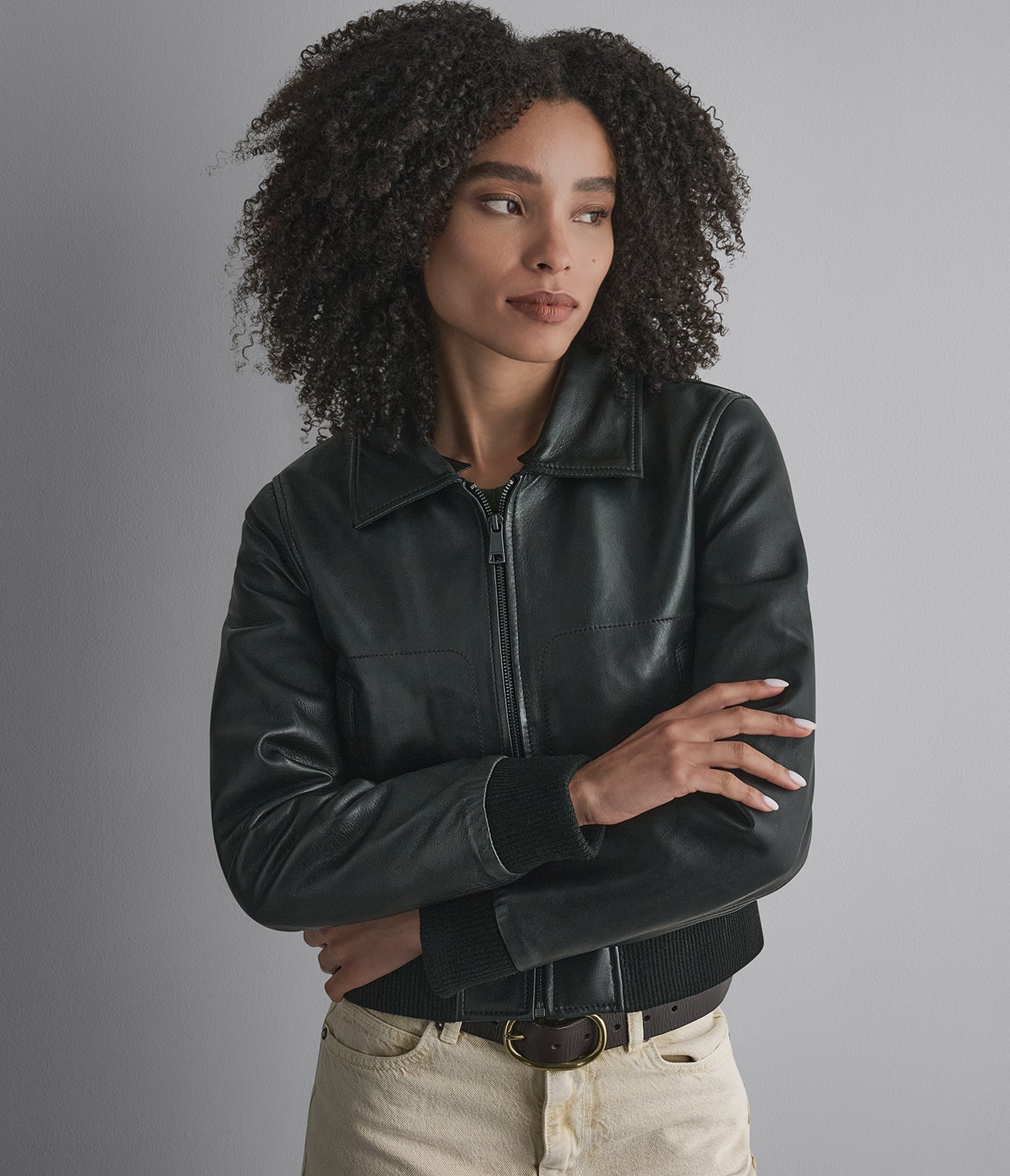 Avery Shearling Collar Leather Cropped Bomber Jacket