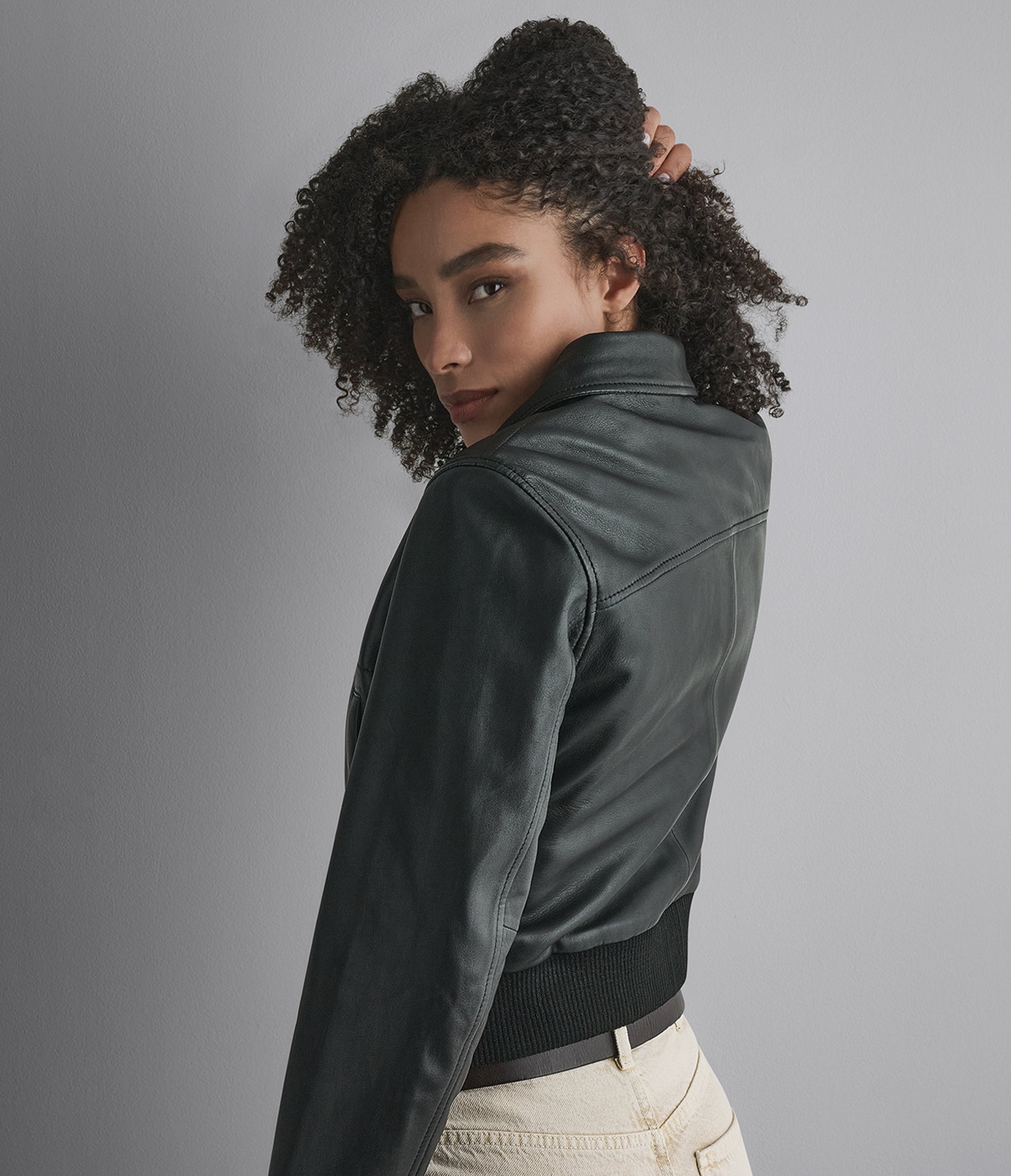 Avery Shearling Collar Leather Cropped Bomber Jacket
