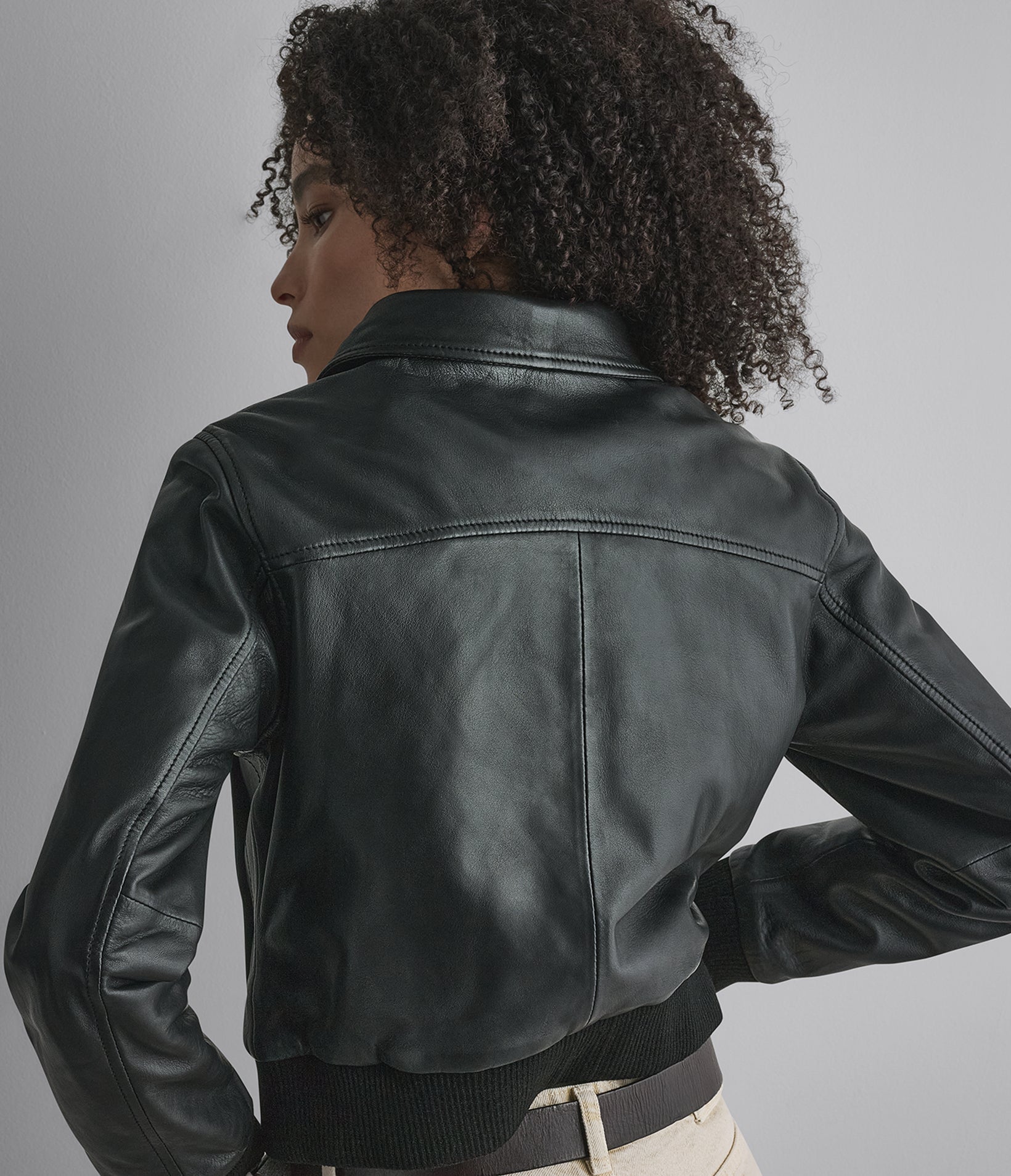 Avery Shearling Collar Leather Cropped Bomber Jacket
