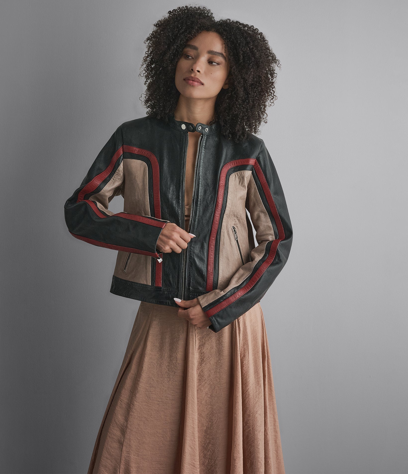 Riley Cropped Leather Racer Jacket