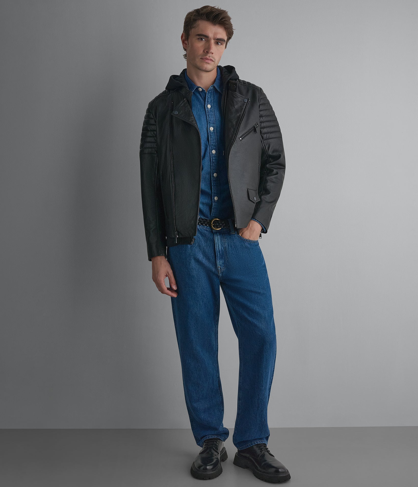 Andres Leather Moto With Zip Off Hood