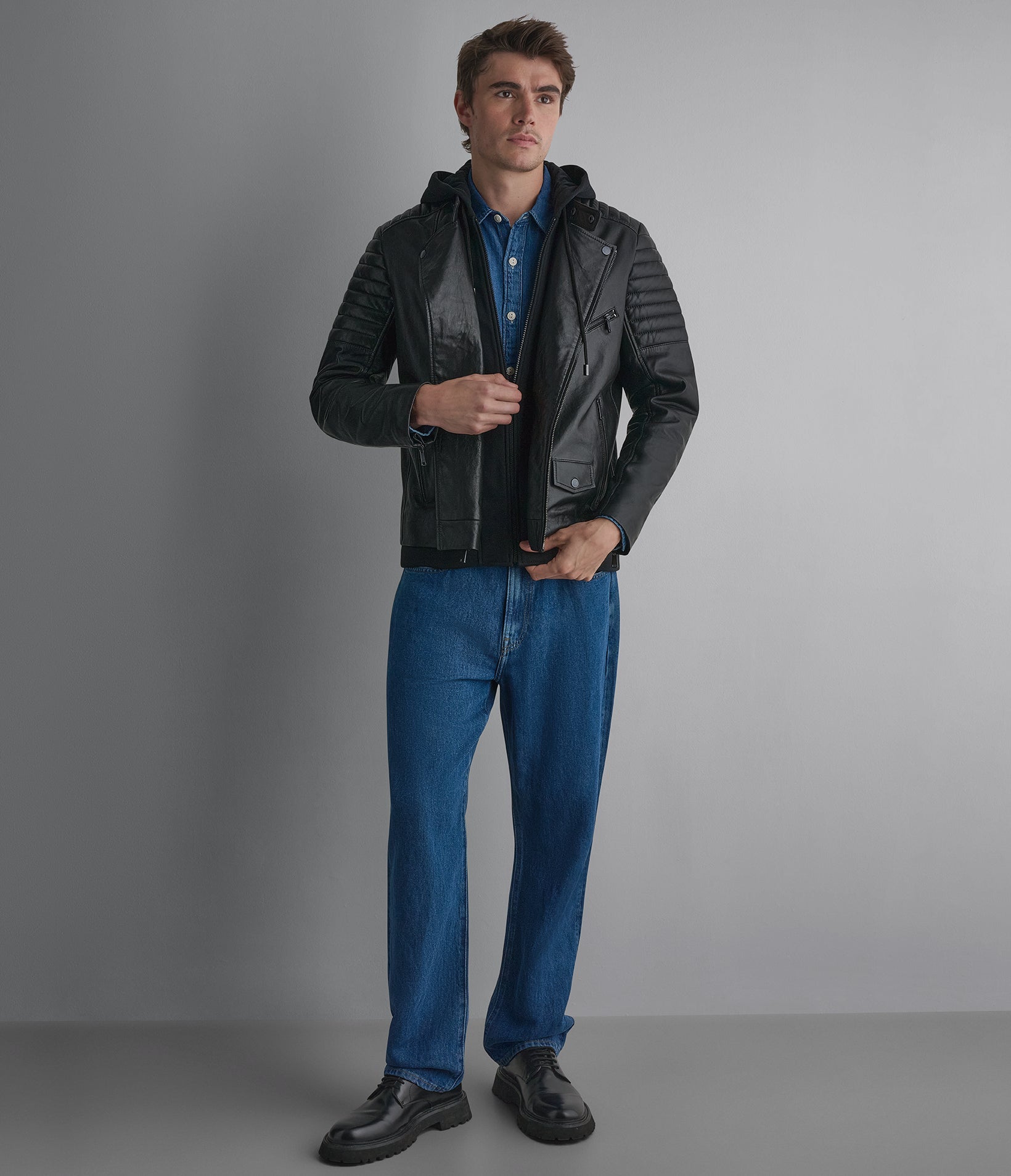 Andres Leather Moto With Zip Off Hood