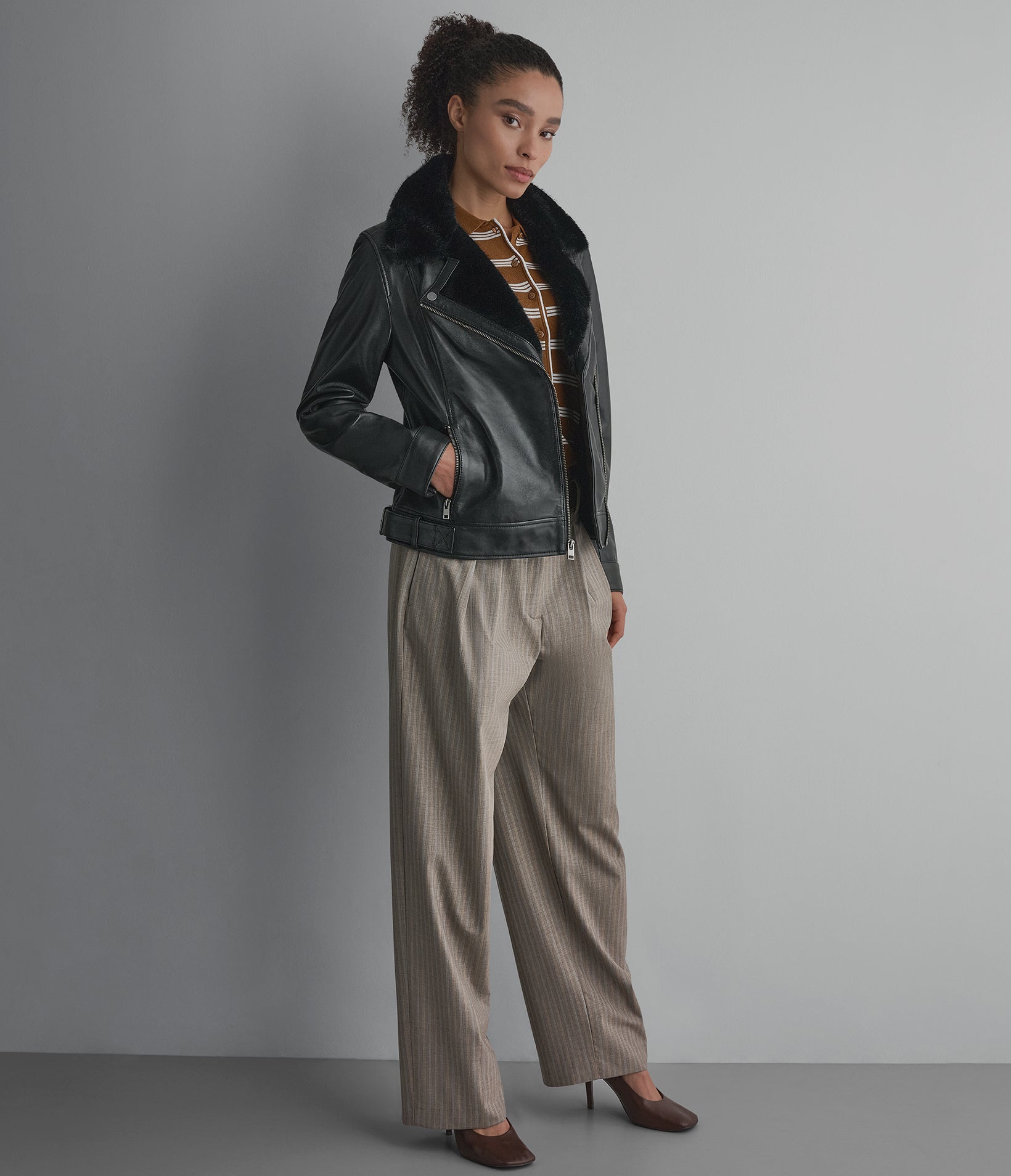 Macie Faux Fur Collar Leather Moto Jacket