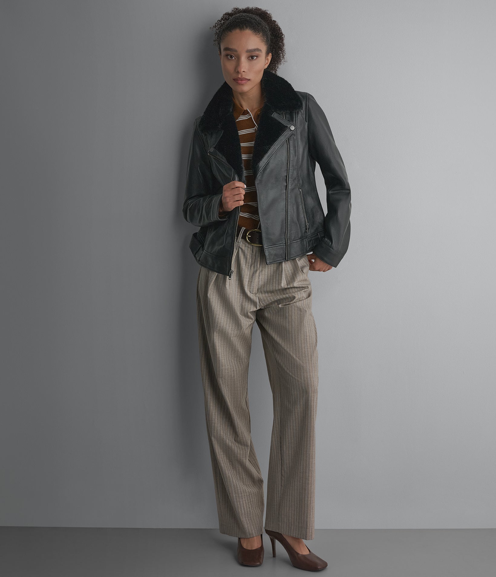Macie Faux Fur Collar Leather Moto Jacket