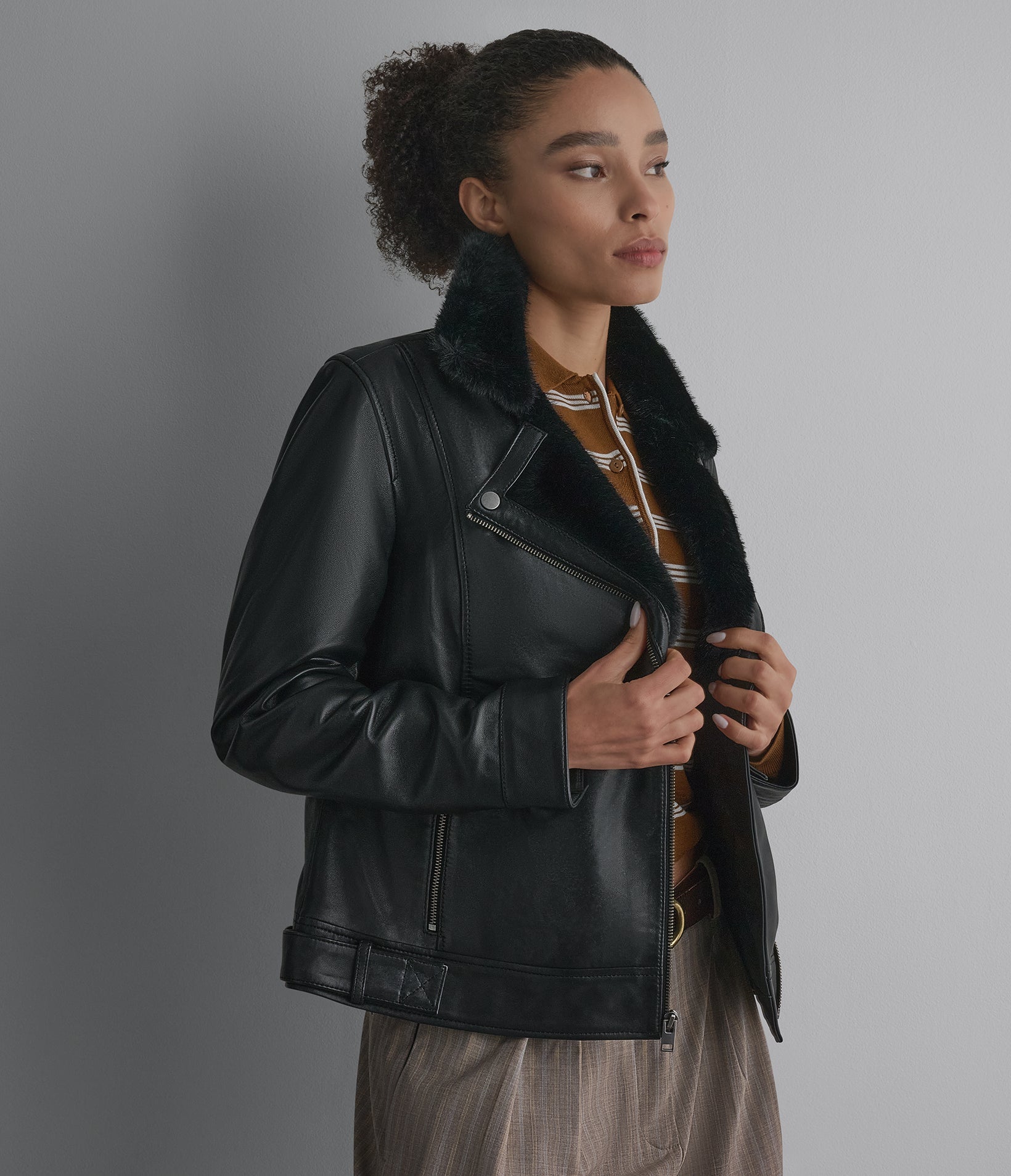 Macie Faux Fur Collar Leather Moto Jacket