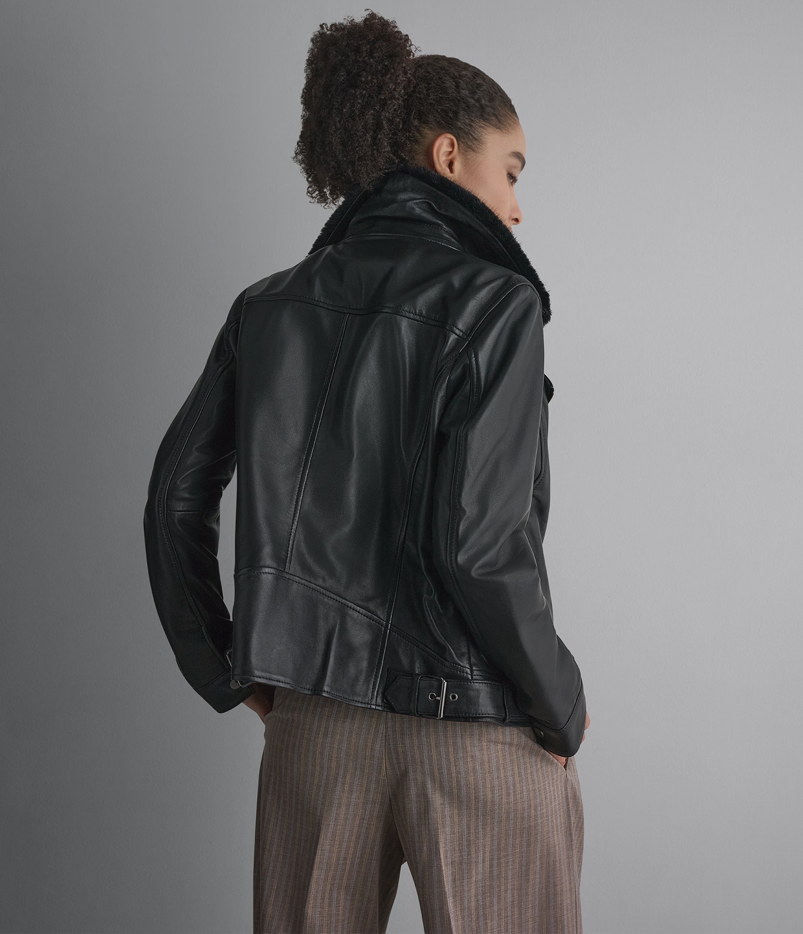Macie Faux Fur Collar Leather Moto Jacket