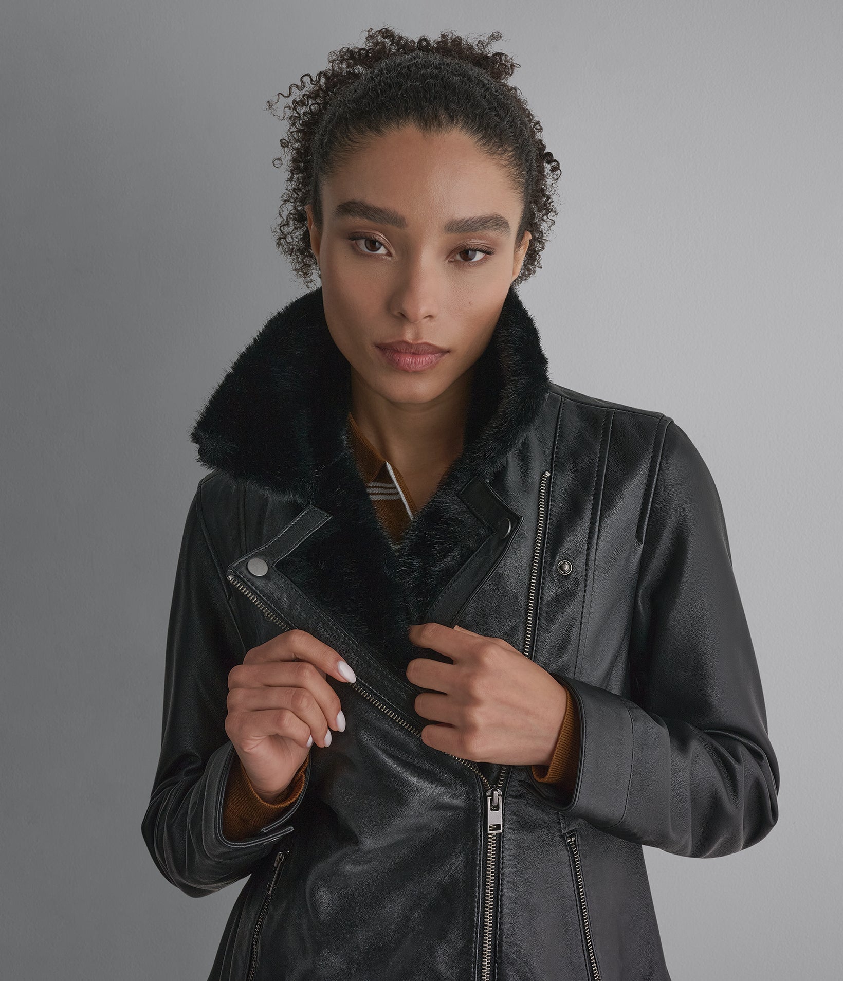 Macie Faux Fur Collar Leather Moto Jacket