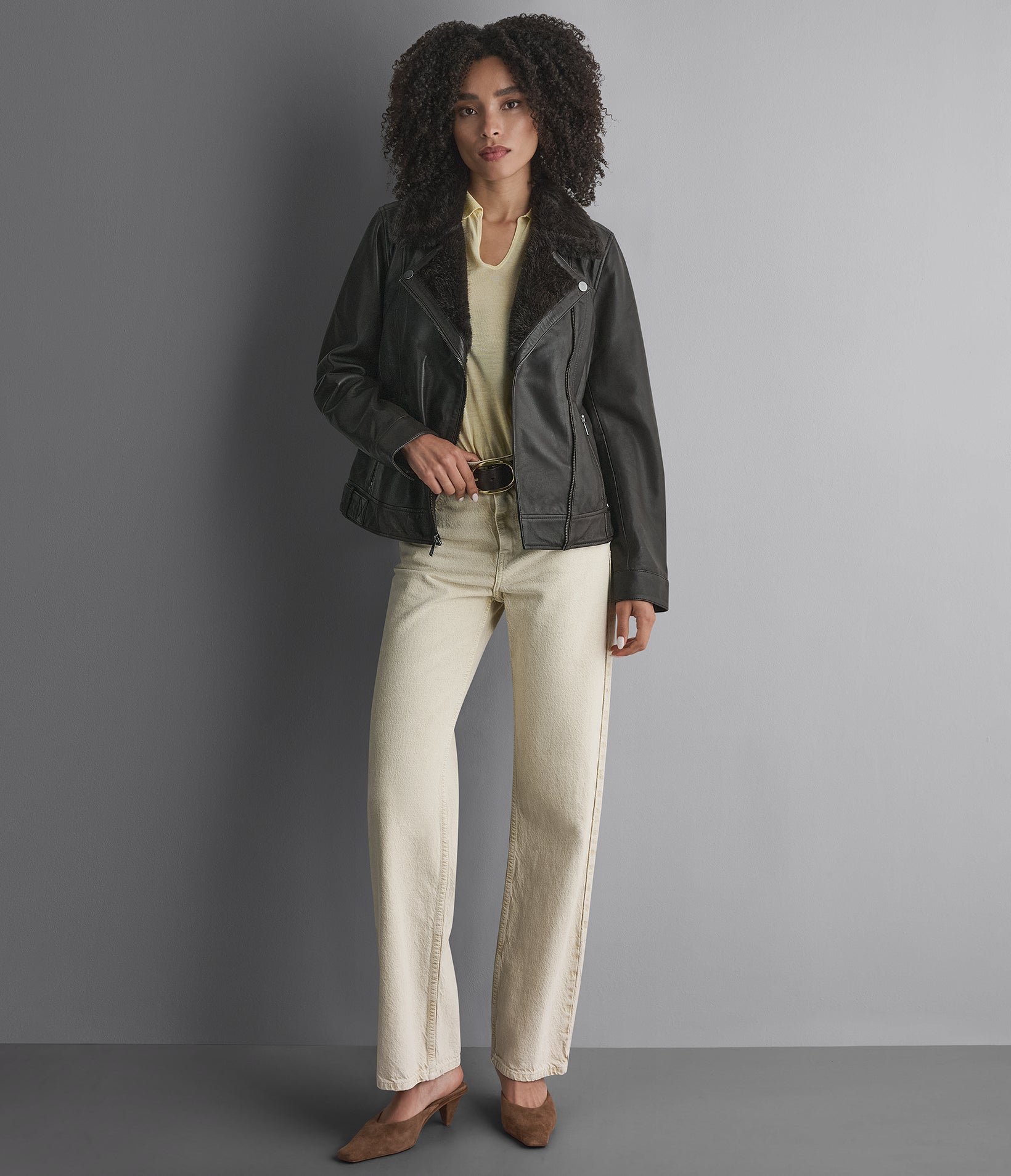 Macie Faux Fur Collar Leather Moto Jacket