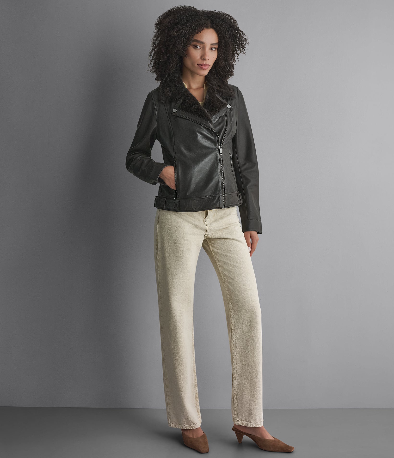 Macie Faux Fur Collar Leather Moto Jacket