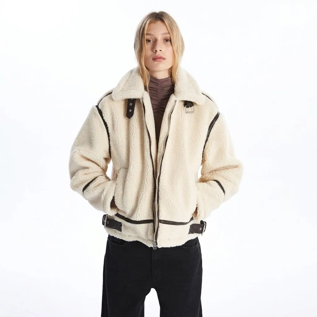 Sowachi White Shearling Leather Jacket For Women