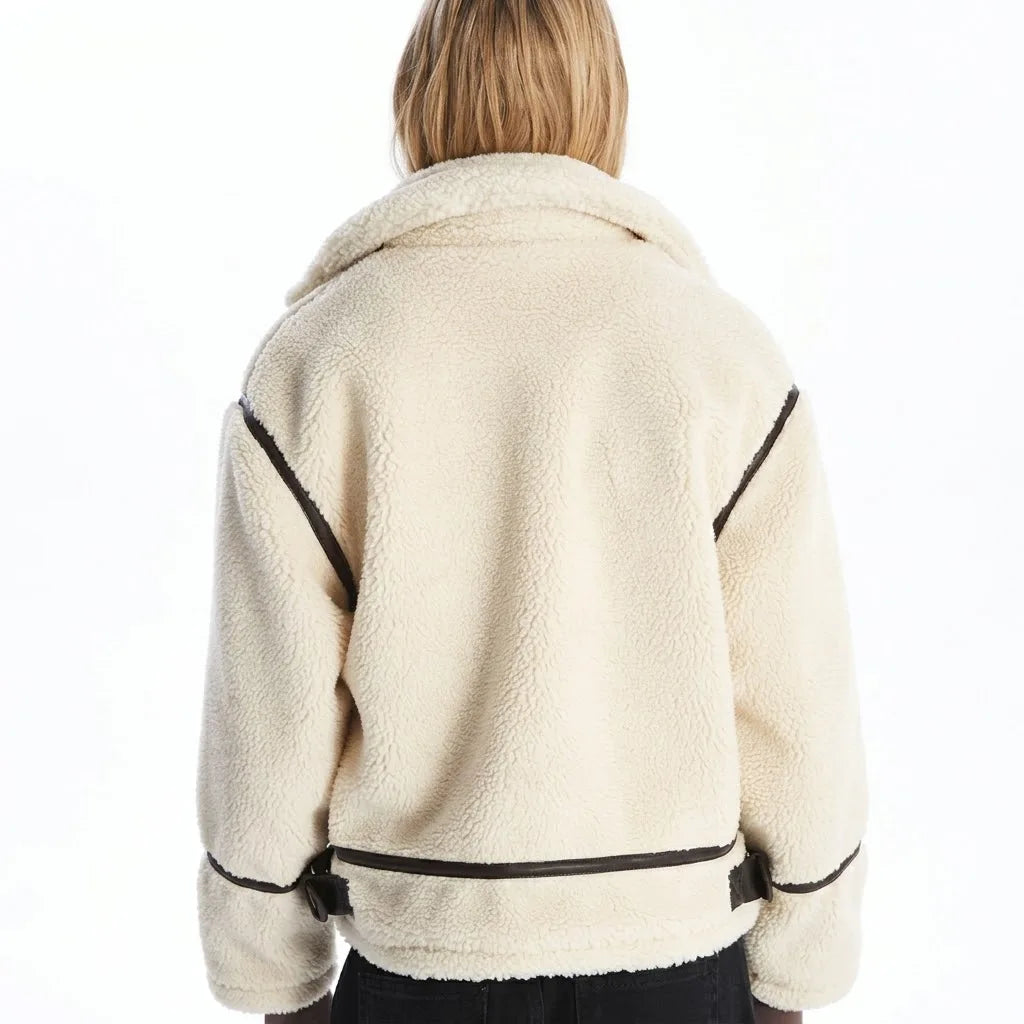 Sowachi White Shearling Leather Jacket For Women