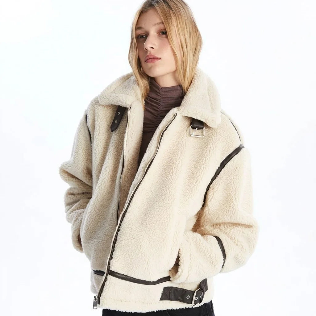Sowachi White Shearling Leather Jacket For Women