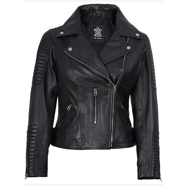 Sowachi Zarevyn - Women's Black Quilted Asymmetrical Moto Leather Jacket
