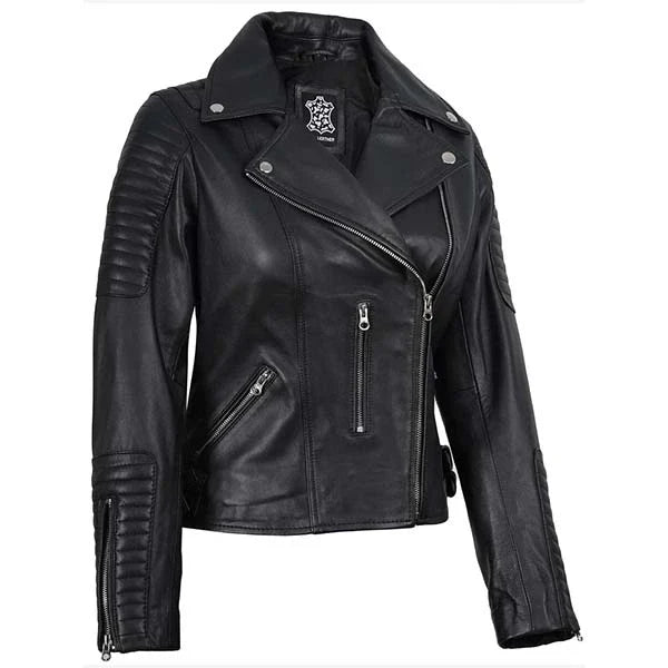 Sowachi Zarevyn - Women's Black Quilted Asymmetrical Moto Leather Jacket