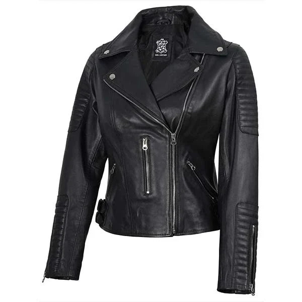 Sowachi Zarevyn - Women's Black Quilted Asymmetrical Moto Leather Jacket