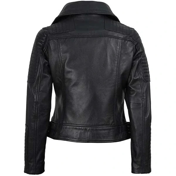 Sowachi Zarevyn - Women's Black Quilted Asymmetrical Moto Leather Jacket
