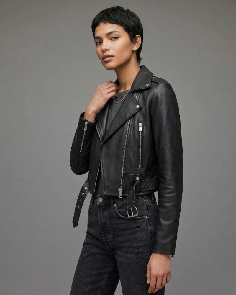 Sowachi Women Black Asymmetrical Cropped Leather Jacket