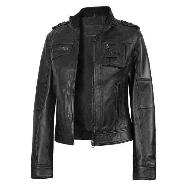 Sowachi Virelle - Women's Black Sheepskin Motorcycle Leather Jacket