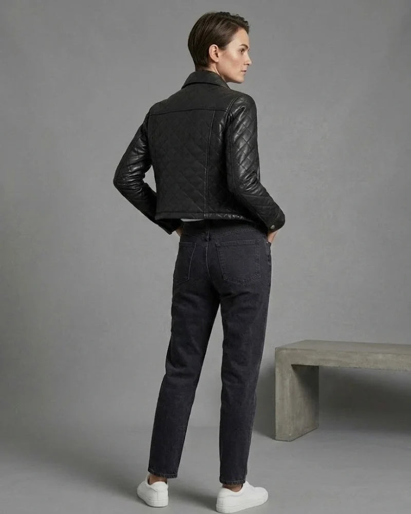 Sowachi Women Black Leather Cropped Quilted Jacket