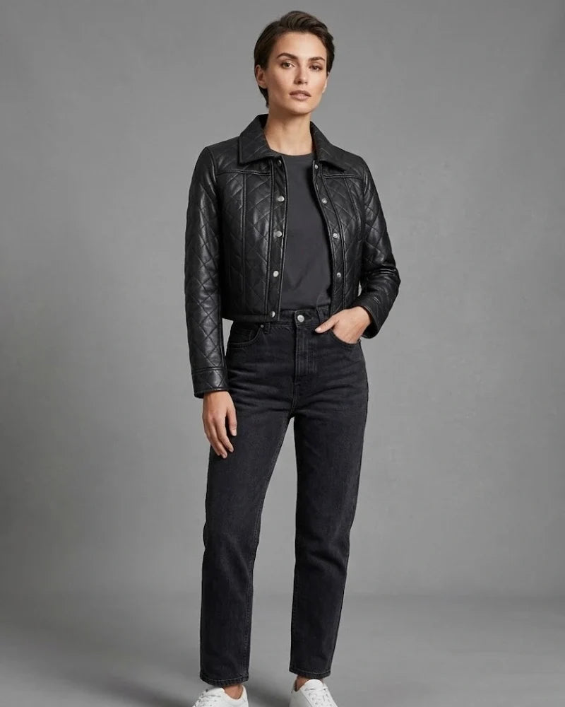 Sowachi Women Black Leather Cropped Quilted Jacket