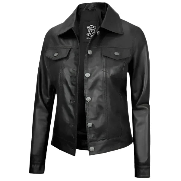 Sowachi Zelvara - Women's Black Sheepskin Leather Trucker Jacket