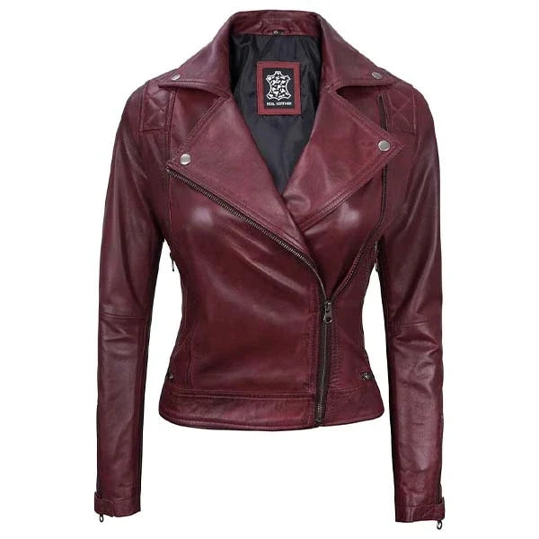 Sowachi Rosalyn - Women's Burgundy Quilted Motorcycle Leather Jacket