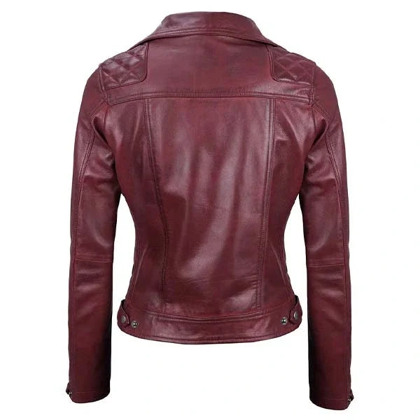 Sowachi Rosalyn - Women's Burgundy Quilted Motorcycle Leather Jacket