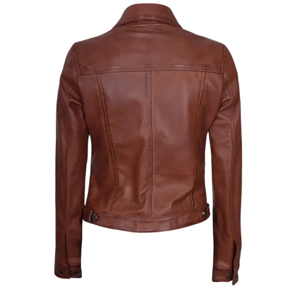Sowachi Cavielle - Women's Cognac Brown Trucker Leather Jacket
