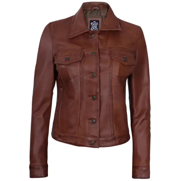 Sowachi Cavielle - Women's Cognac Brown Trucker Leather Jacket