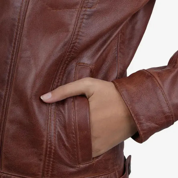 Sowachi Cavielle - Women's Cognac Brown Trucker Leather Jacket