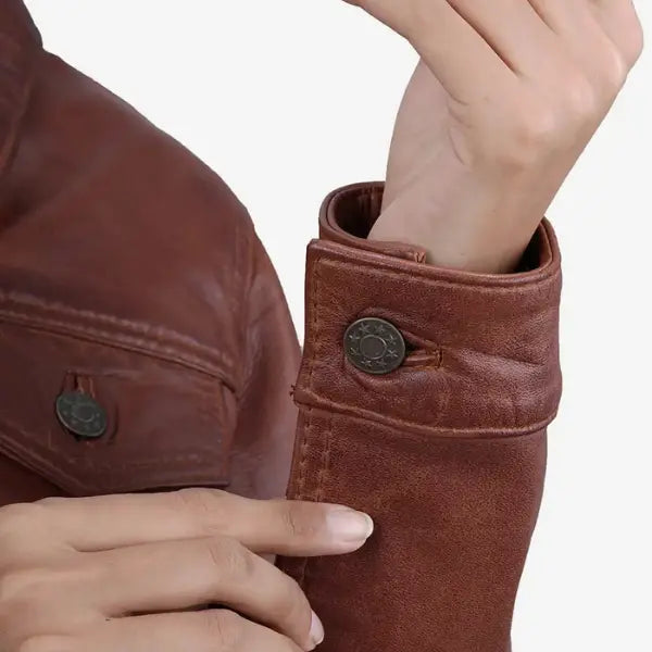 Sowachi Cavielle - Women's Cognac Brown Trucker Leather Jacket