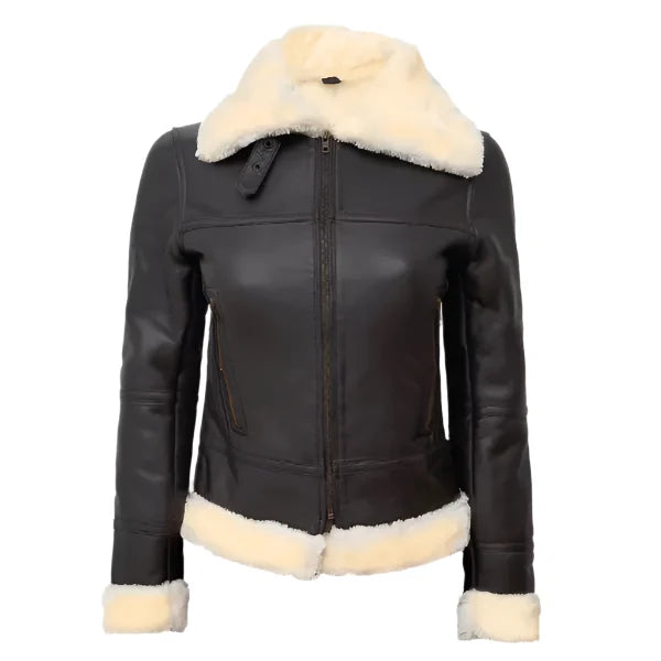 Sowachi Brunelle - Women's Dark Brown Shearling Leather Bomber Jacket