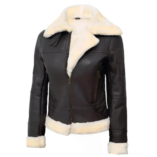 Sowachi Brunelle - Women's Dark Brown Shearling Leather Bomber Jacket