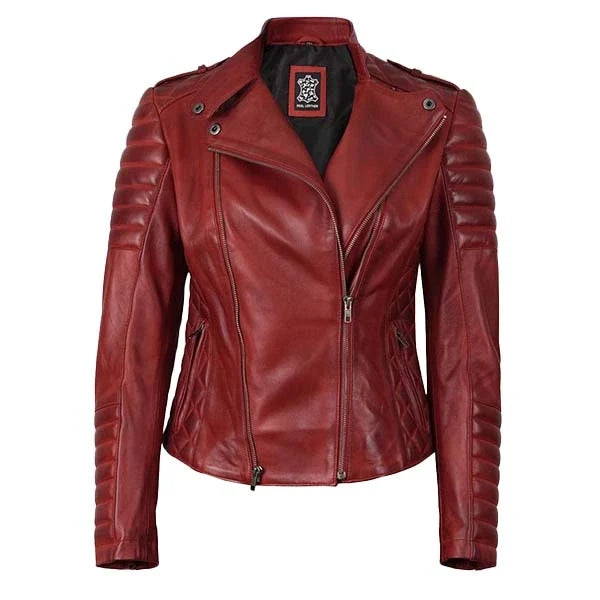 Sowachi Kinsley - Women's Maroon Quilted Motorcycle Leather Jacket